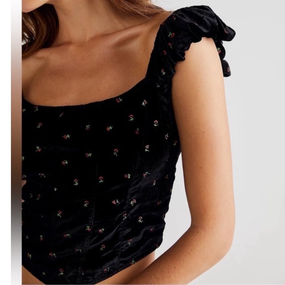Free People Black Velvet Cropped Tank with Tiny Floral Embroidery